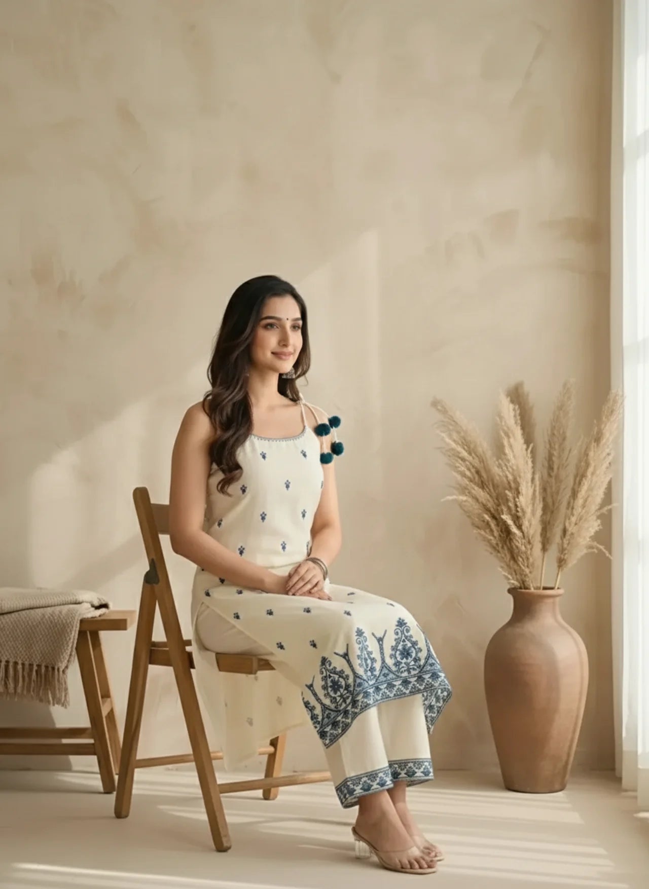 White Thread Work Sleeveless Kurti Pant Set