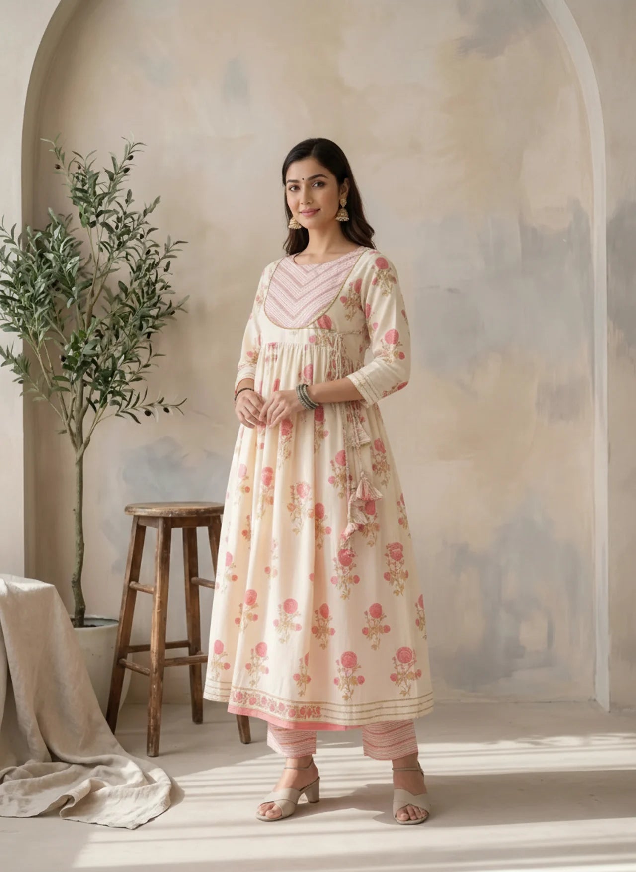 White & Pink Cotton Handblock Floral Print Kurta Suit Set featuring Gota Patti Work and Angrakha Style