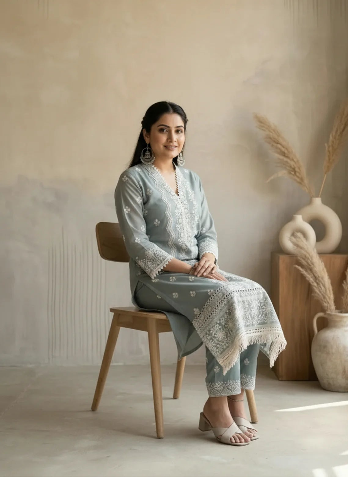 Grey Cotton Kurta Pant Set with Thread Work