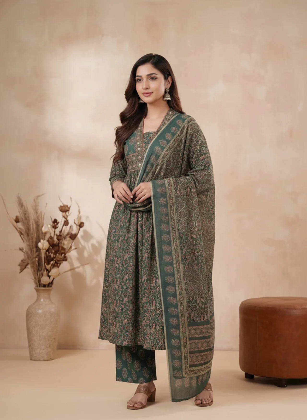 Green & Red A-Line Kurta Suit Set featuring Geometric Print