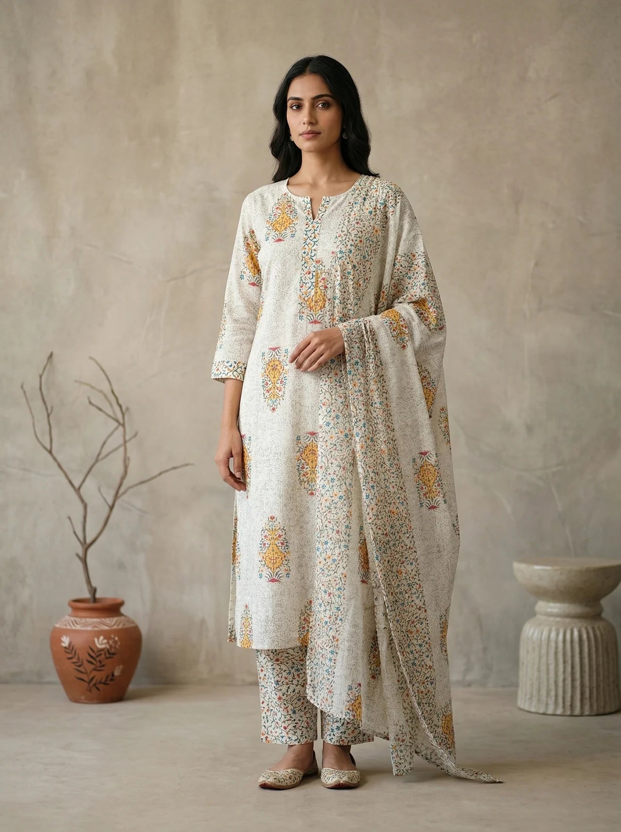 White Floral Print Kurta Pant Suit Set