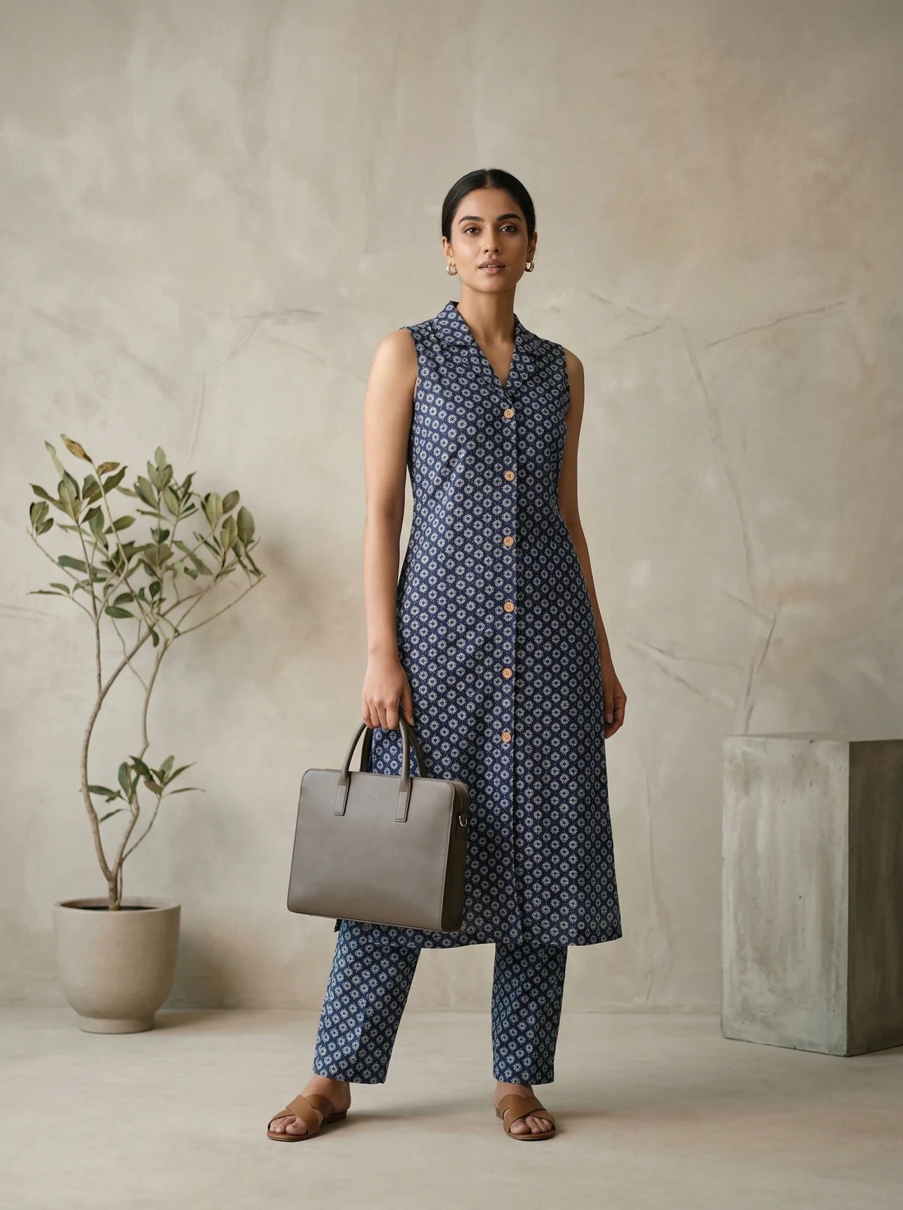 Grey Geometric Print Sleeveless Collar Kurta Pant Set with Extra Sleeves