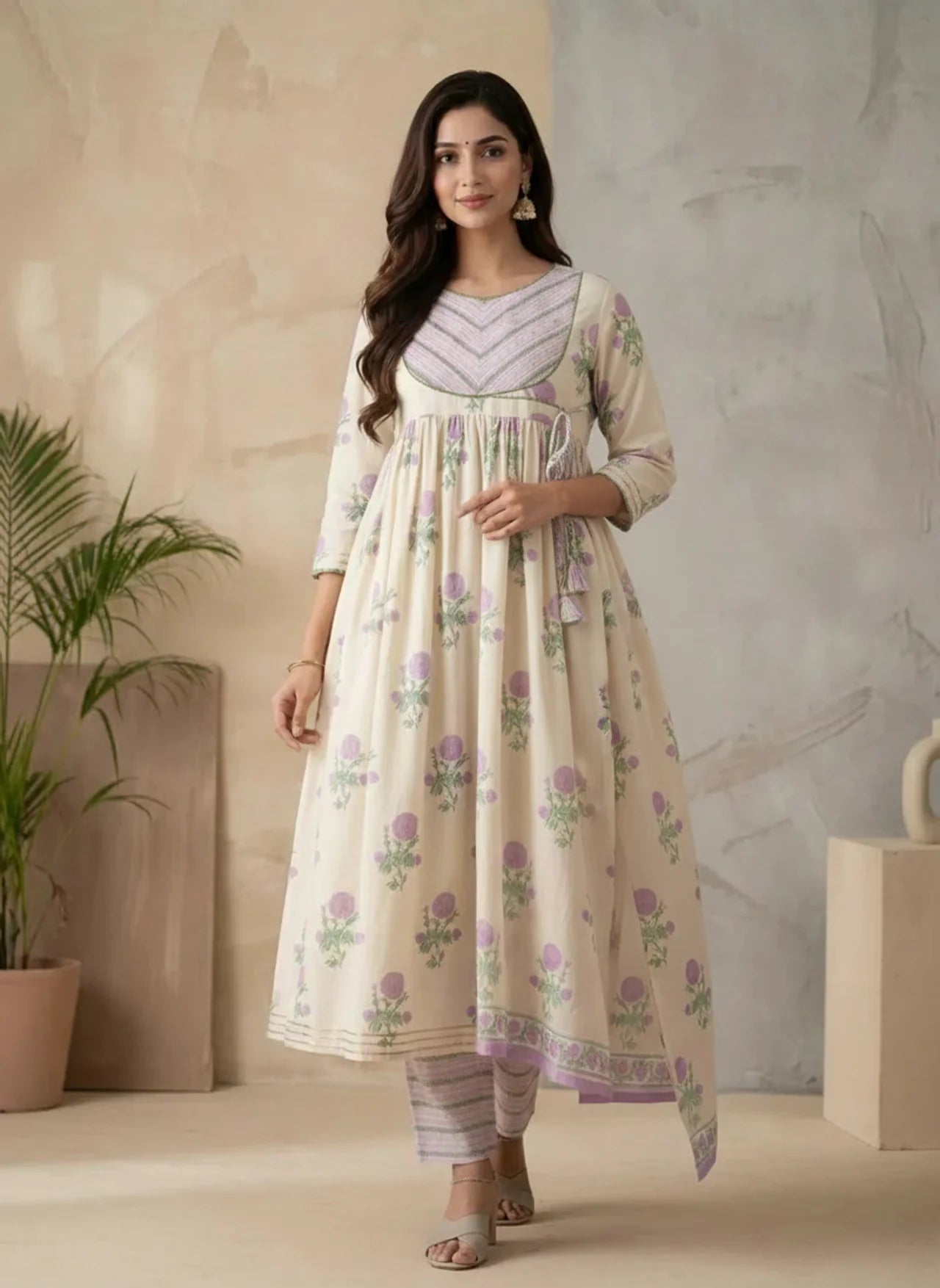 White & Purple Cotton Handblock Floral Print Kurta Suit Set featuring Gota Patti Work and Angrakha Style