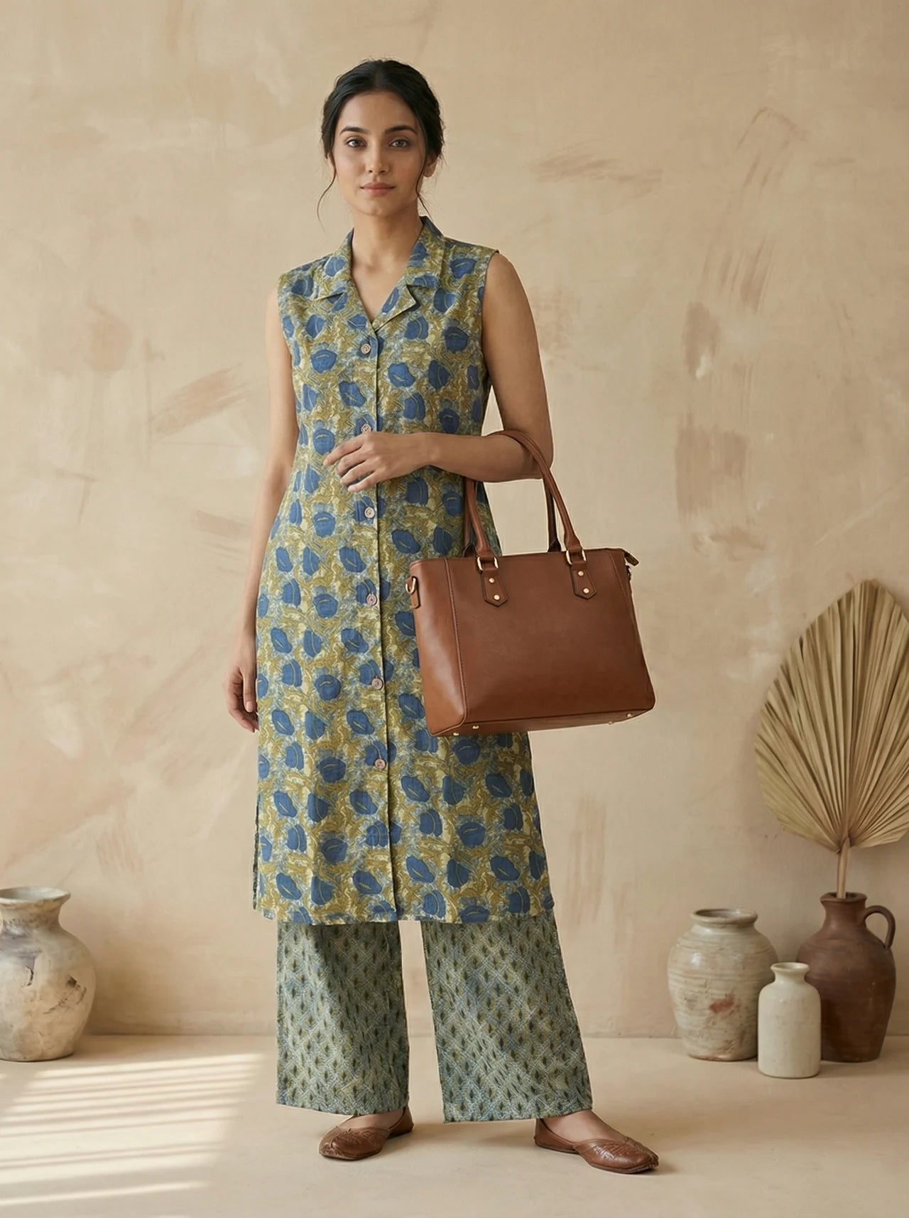 Dusty Blue & Mustard Sleeveless Block Printed Collar Kurta Pant Set with Separate Sleeves