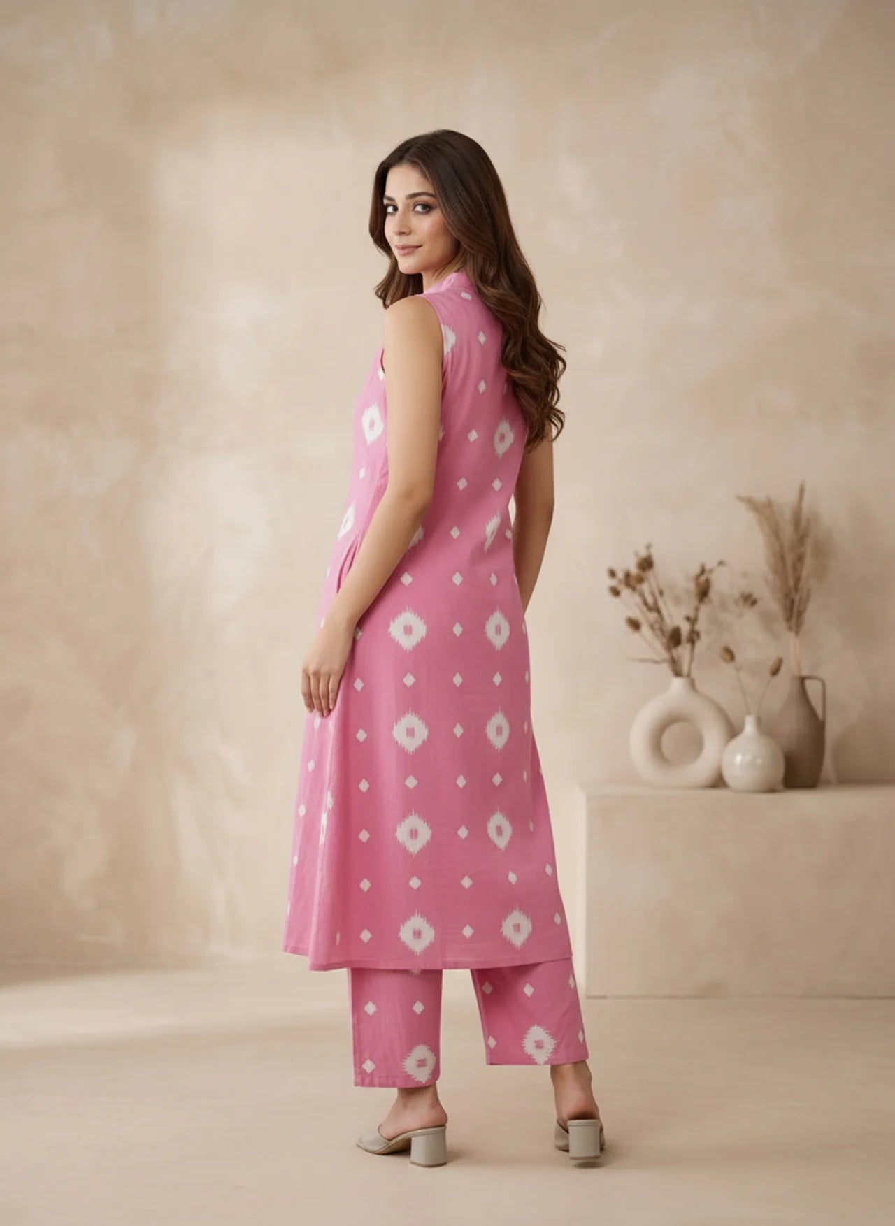 Pink Cotton Sleeveless Kurta & Palazzo Set