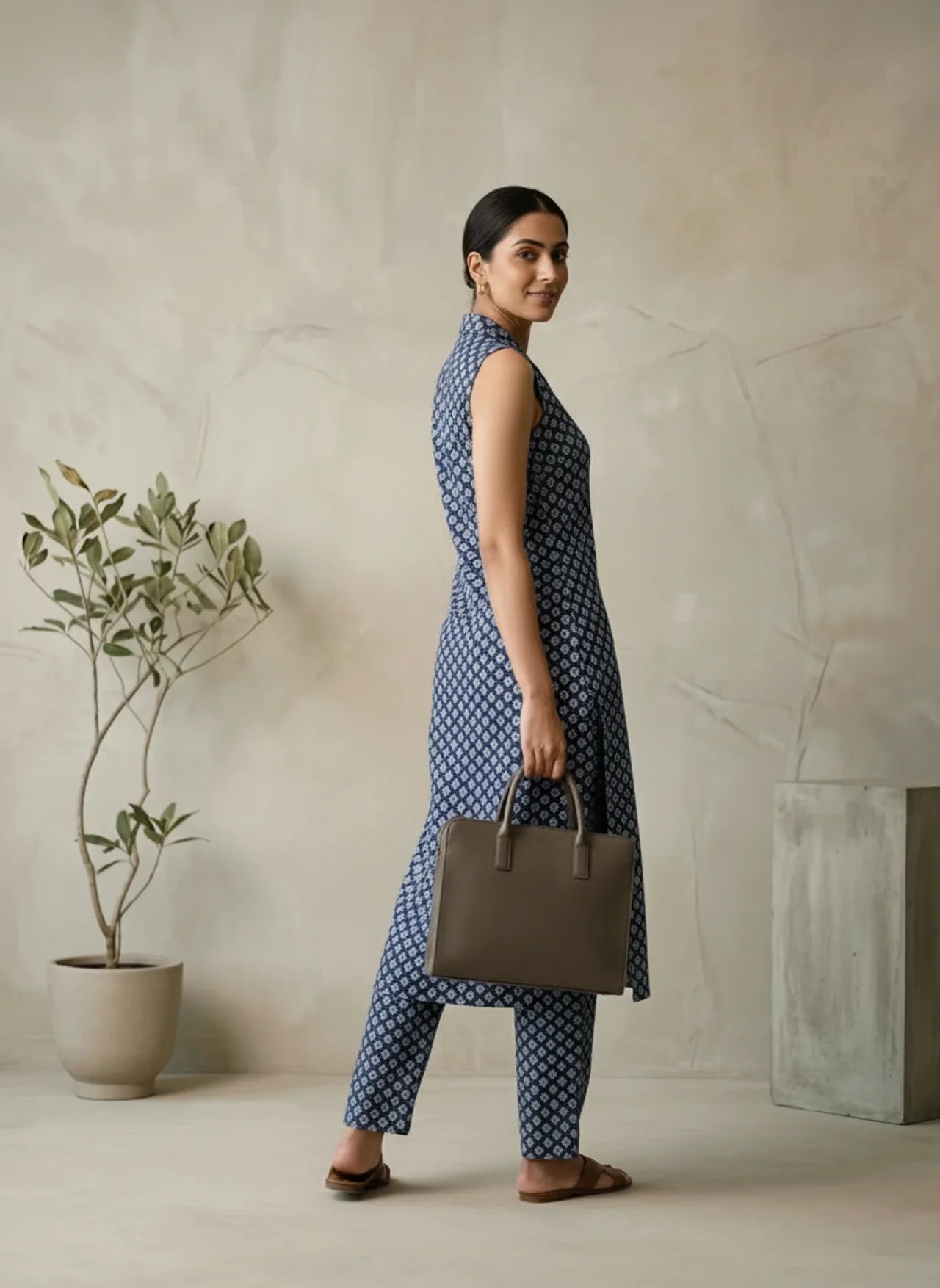 Grey Geometric Print Sleeveless Collar Kurta Pant Set with Extra Sleeves