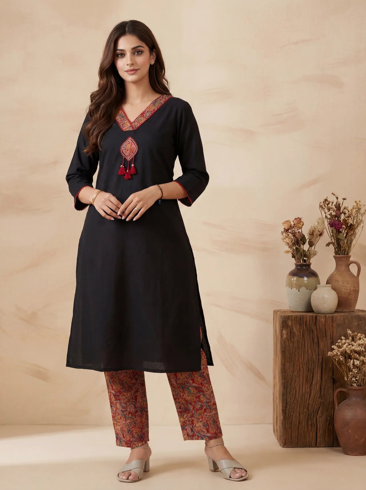 Black Red Cotton Kurta Palazzo Set