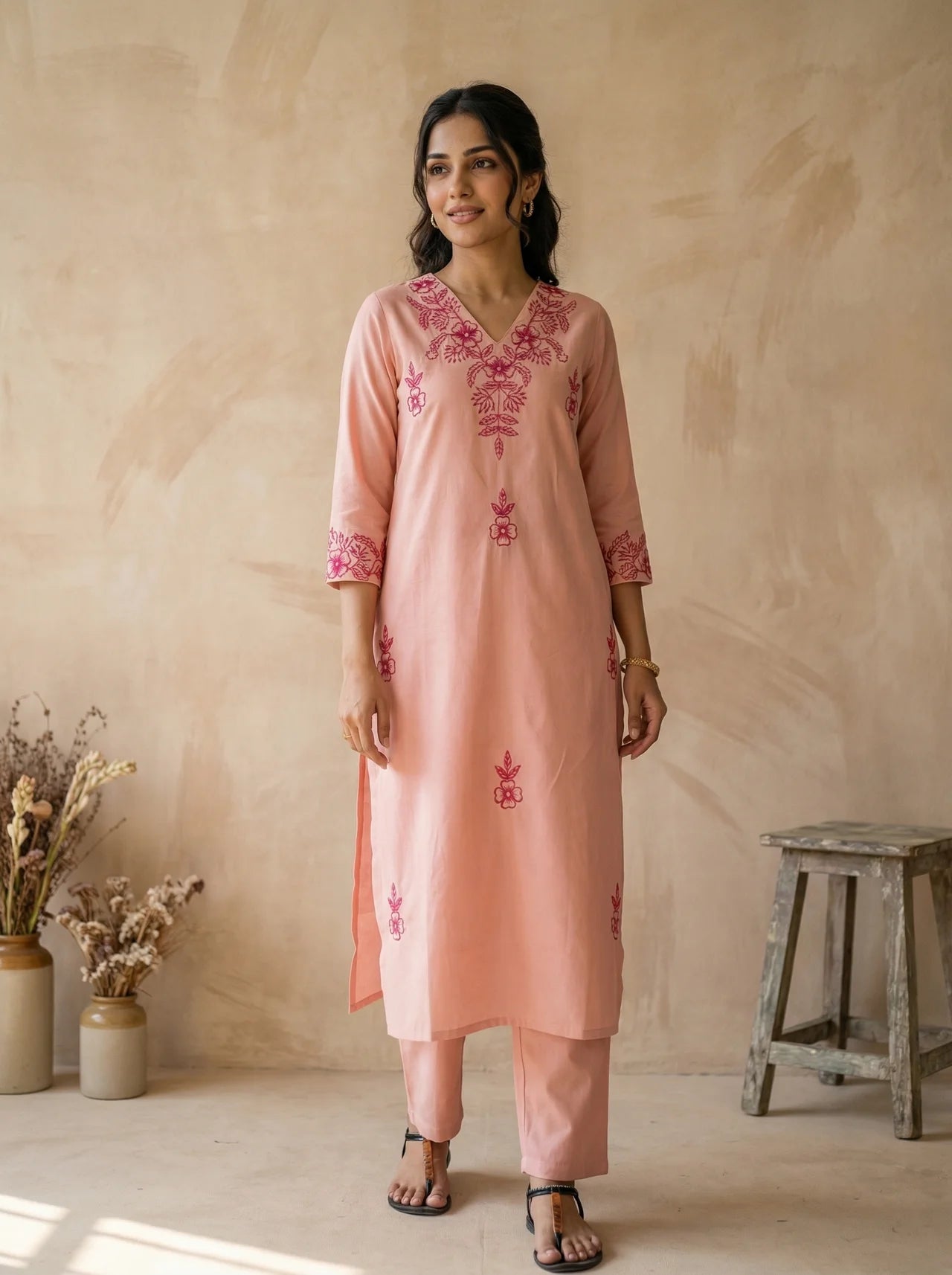 Peach Soft Cotton Kurta Pant Set