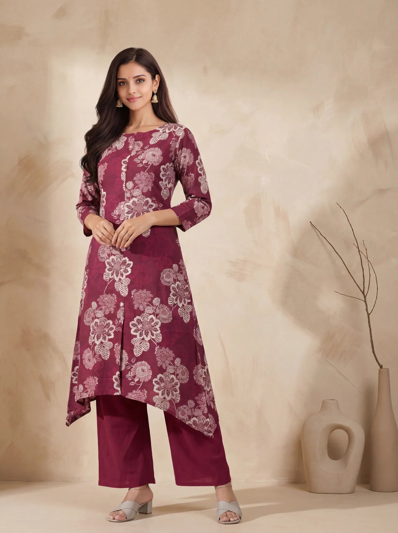 Maroon Cotton Kurta Palazzo Set