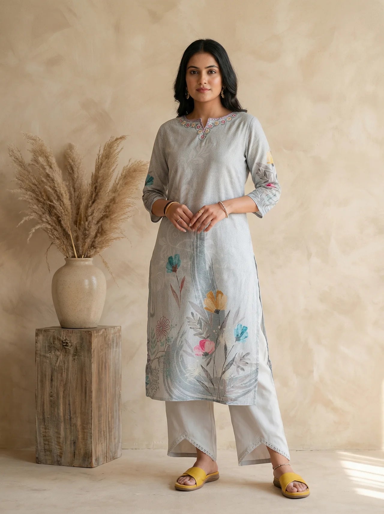 Cotton Grey Kurta Pant Set