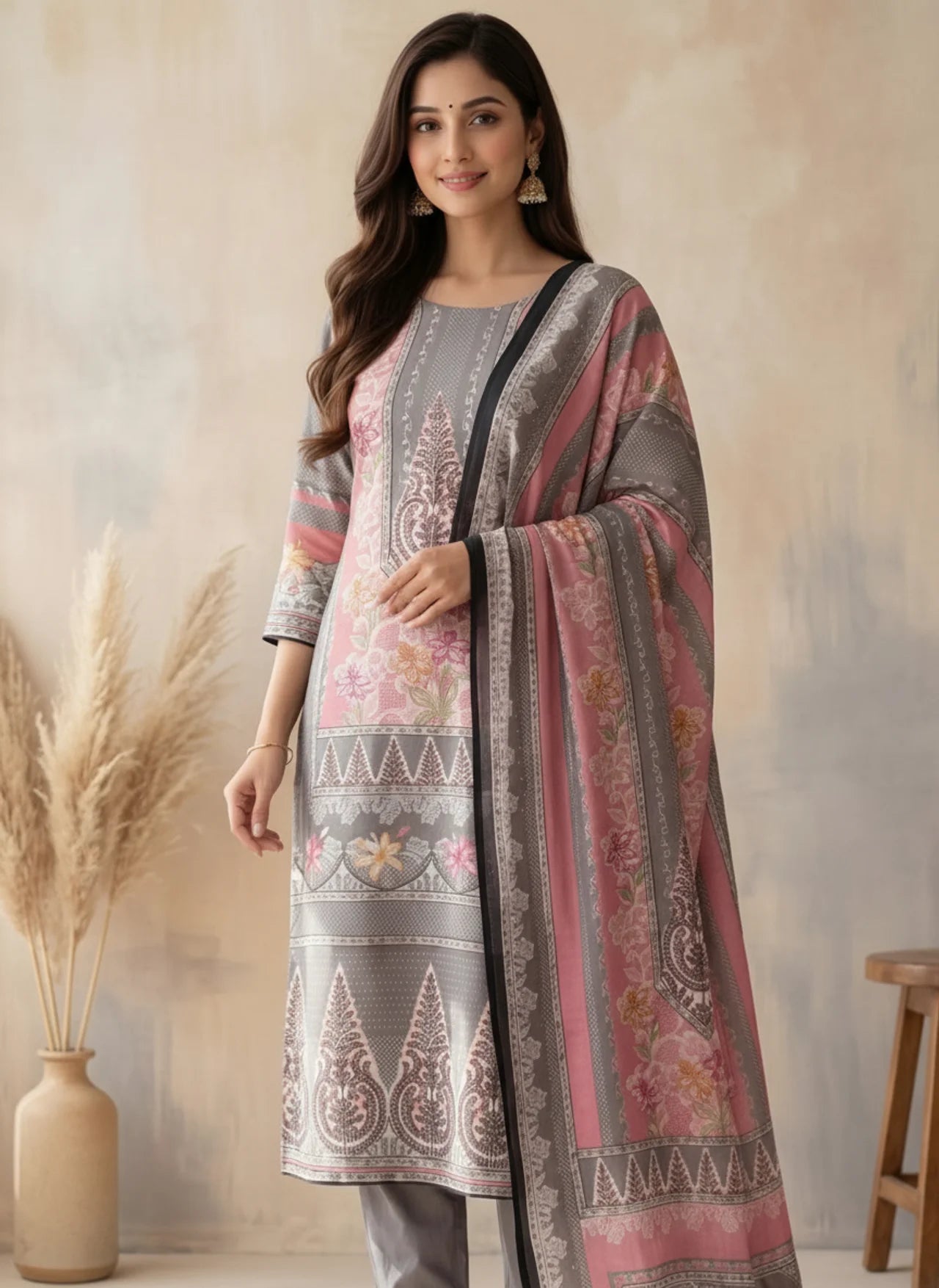 Pink and Grey Moroccan Silk Straight Kurta Set