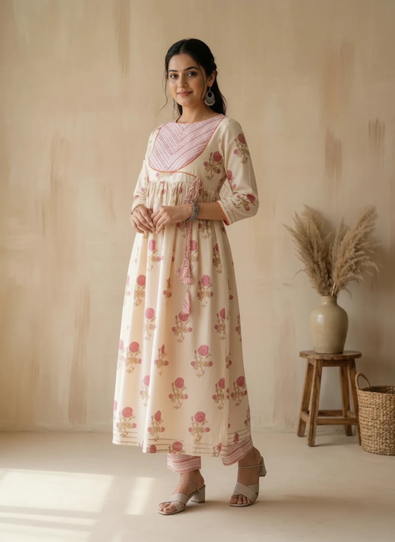 White & Pink Cotton Handblock Angrakha Kurta Pant Set