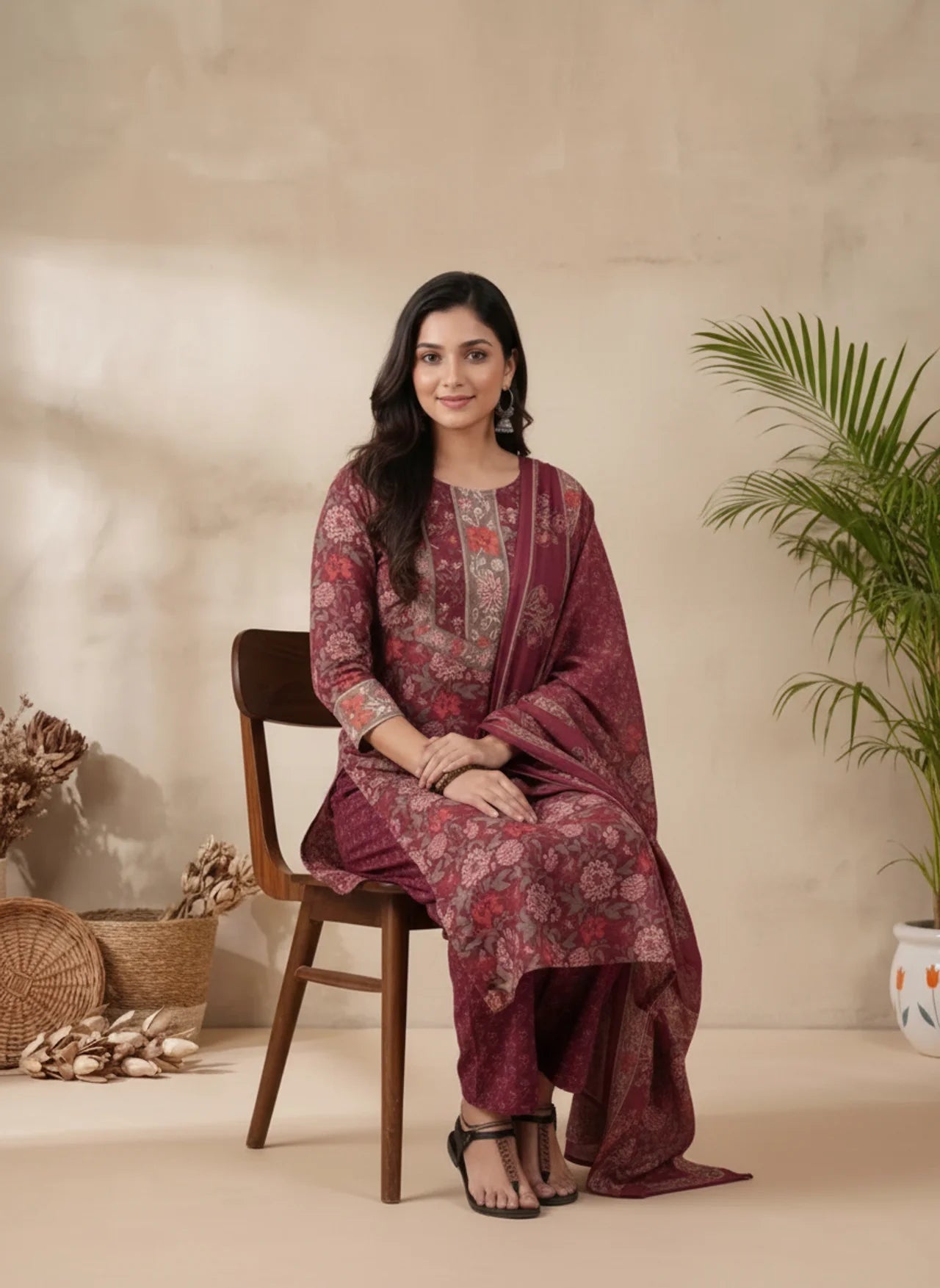 Maroon Cotton Straight Kurta Set featuring Floral Print Detailing