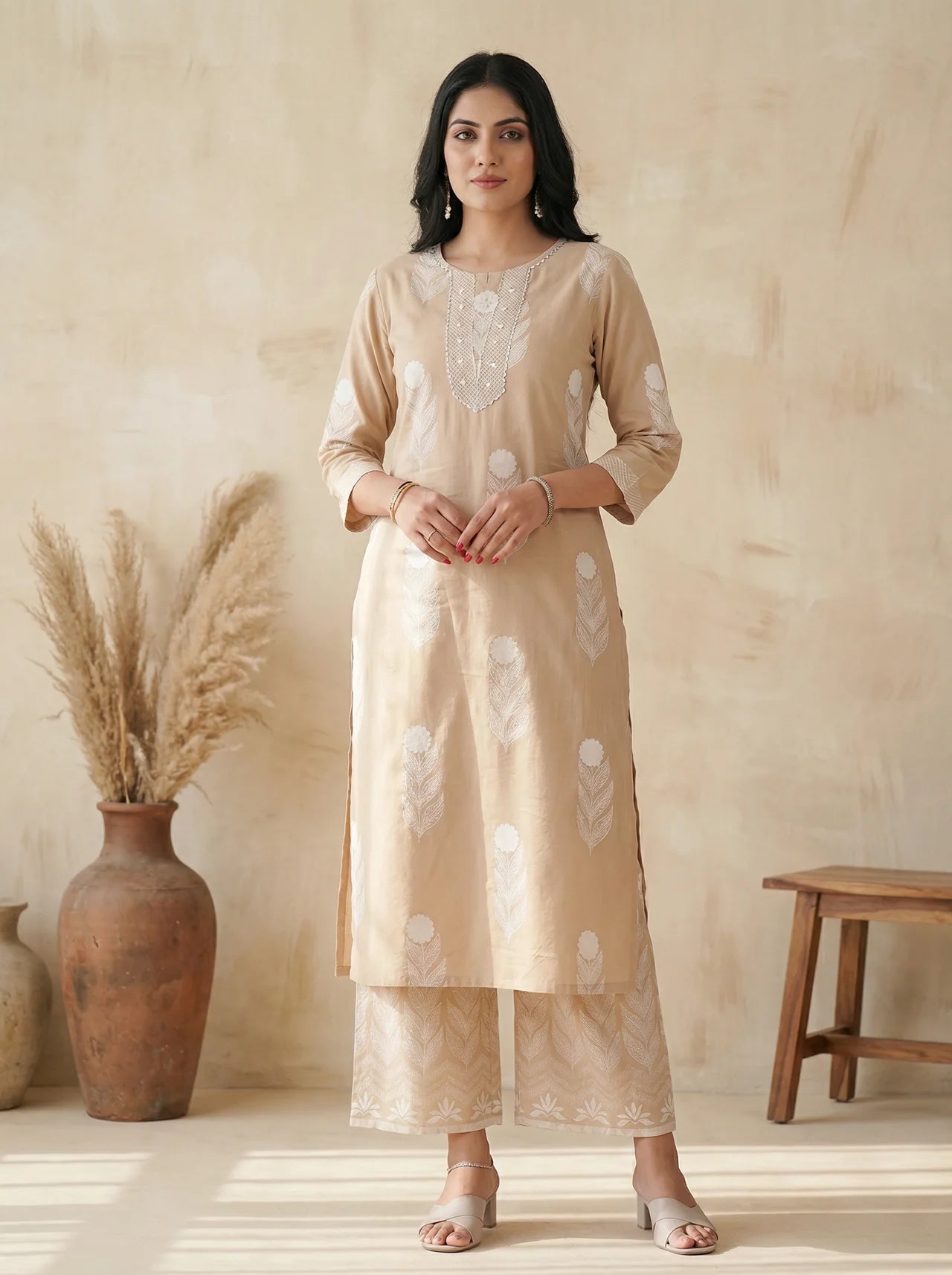 Beige Cotton Straight Kurta Pant Set