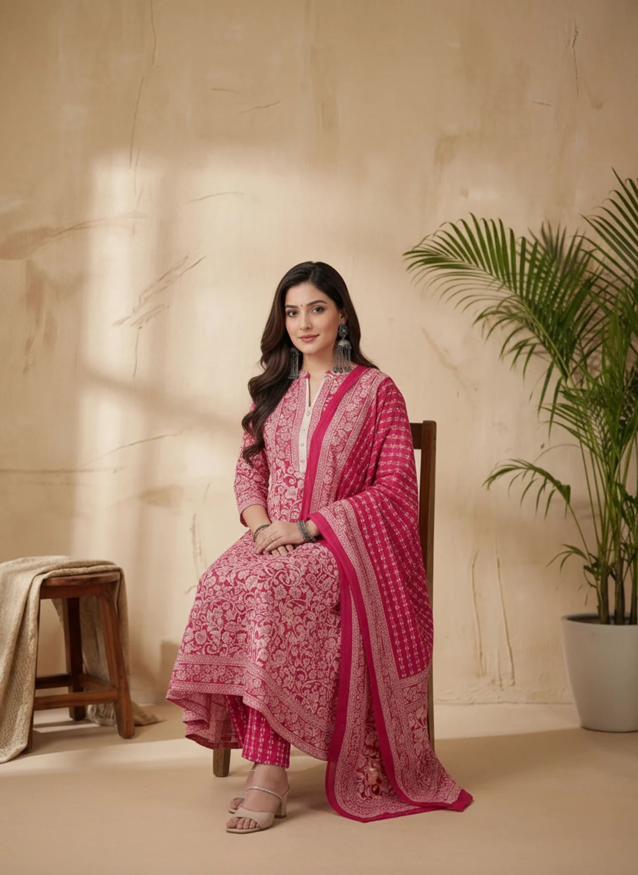 Red & White Cotton Anarkali Suit Set with Floral Print