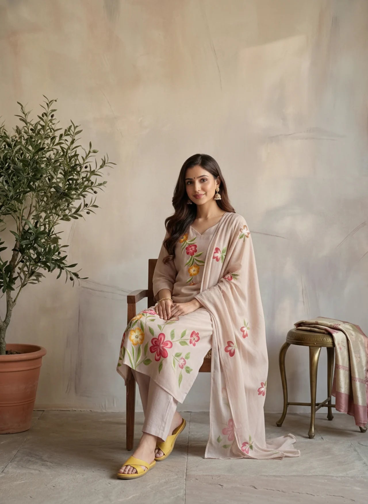 Beige Mul Chanderi Hand-Painted Suit Set