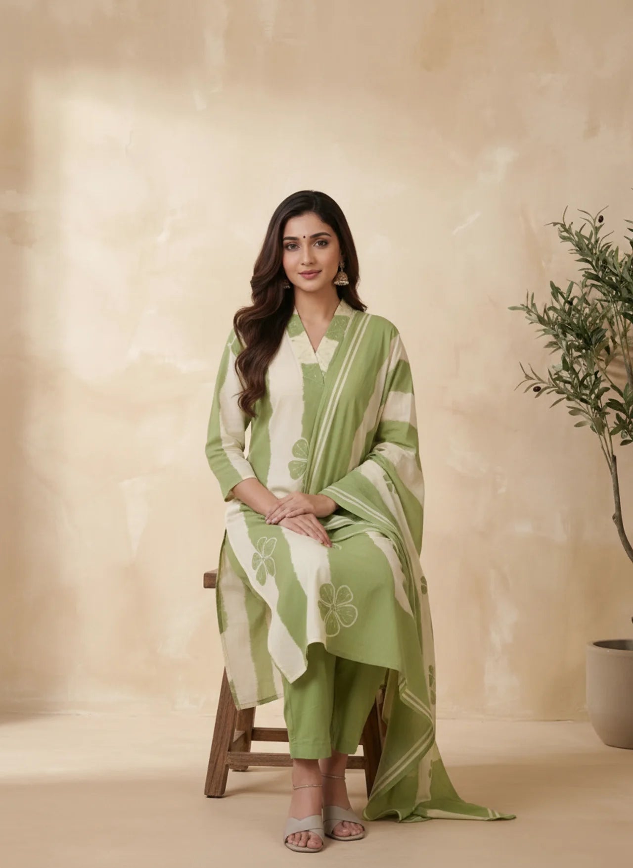 Green and White Cotton Straight Kurta Set with Floral Print
