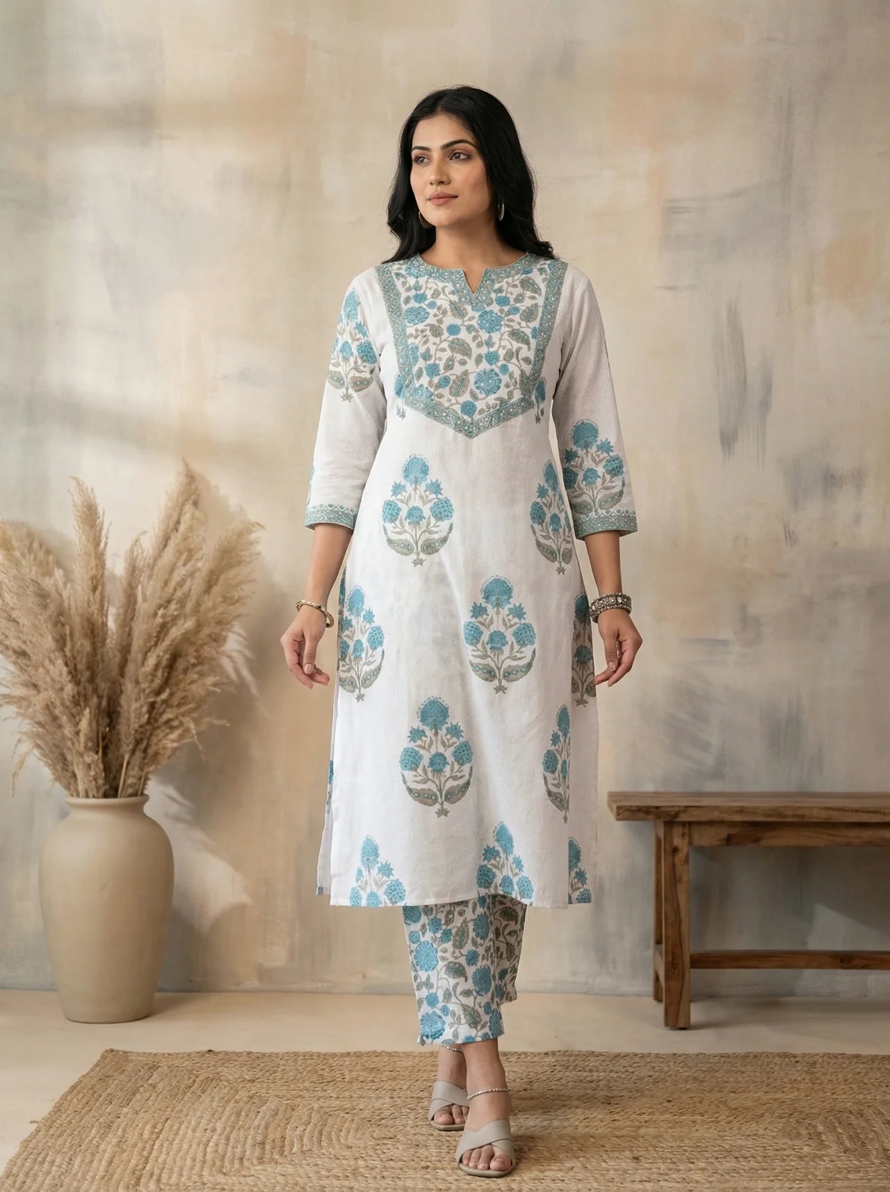 White Cotton A-Line Kurta Pant Set