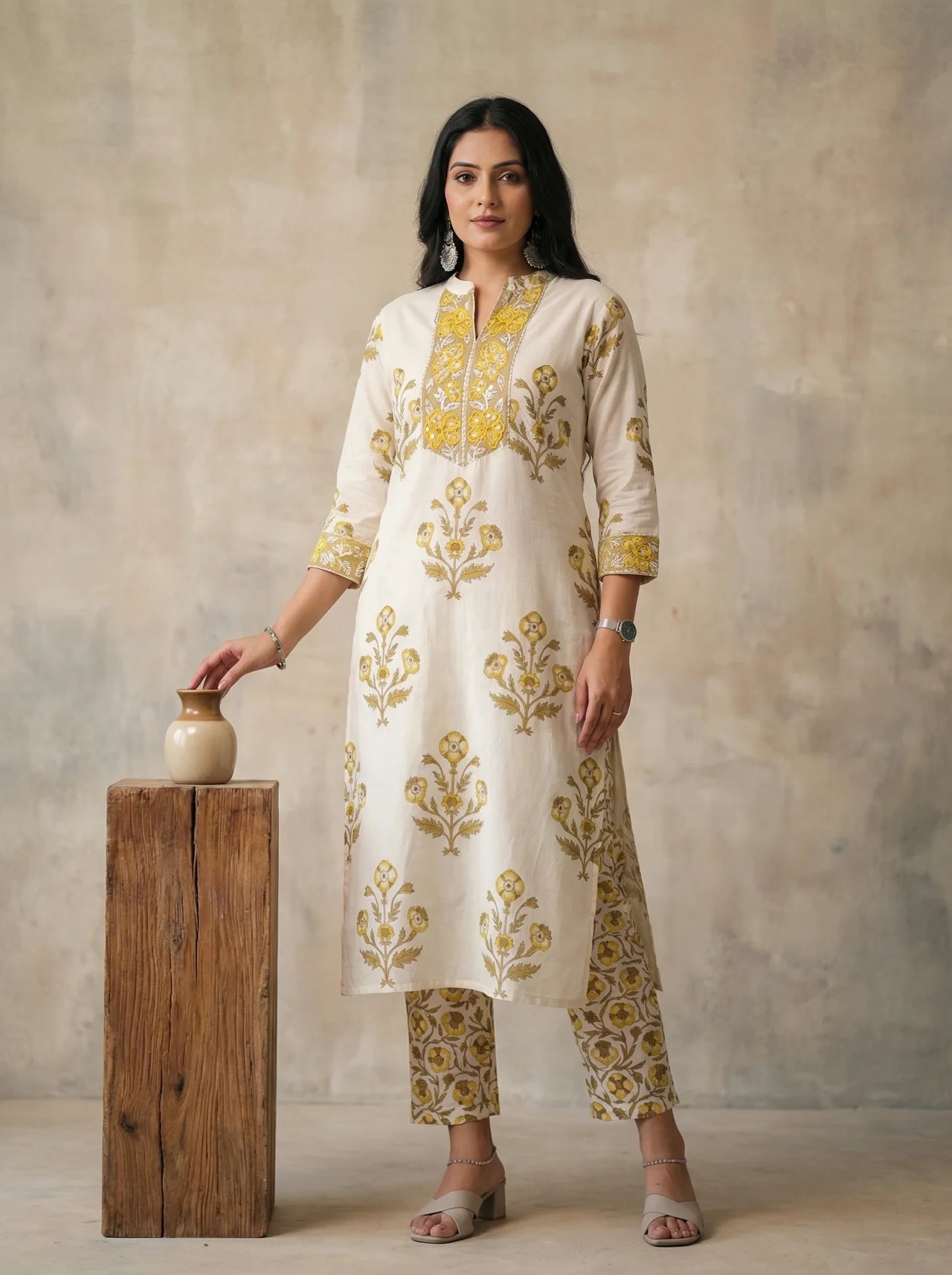 White and Yellow Cotton Straight Kurta Pant Set
