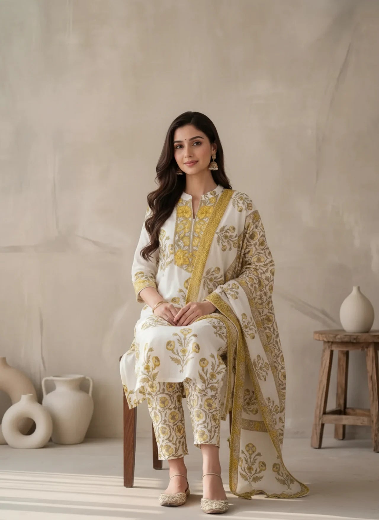 White and Yellow Cotton Straight Kurta Set with Floral Print