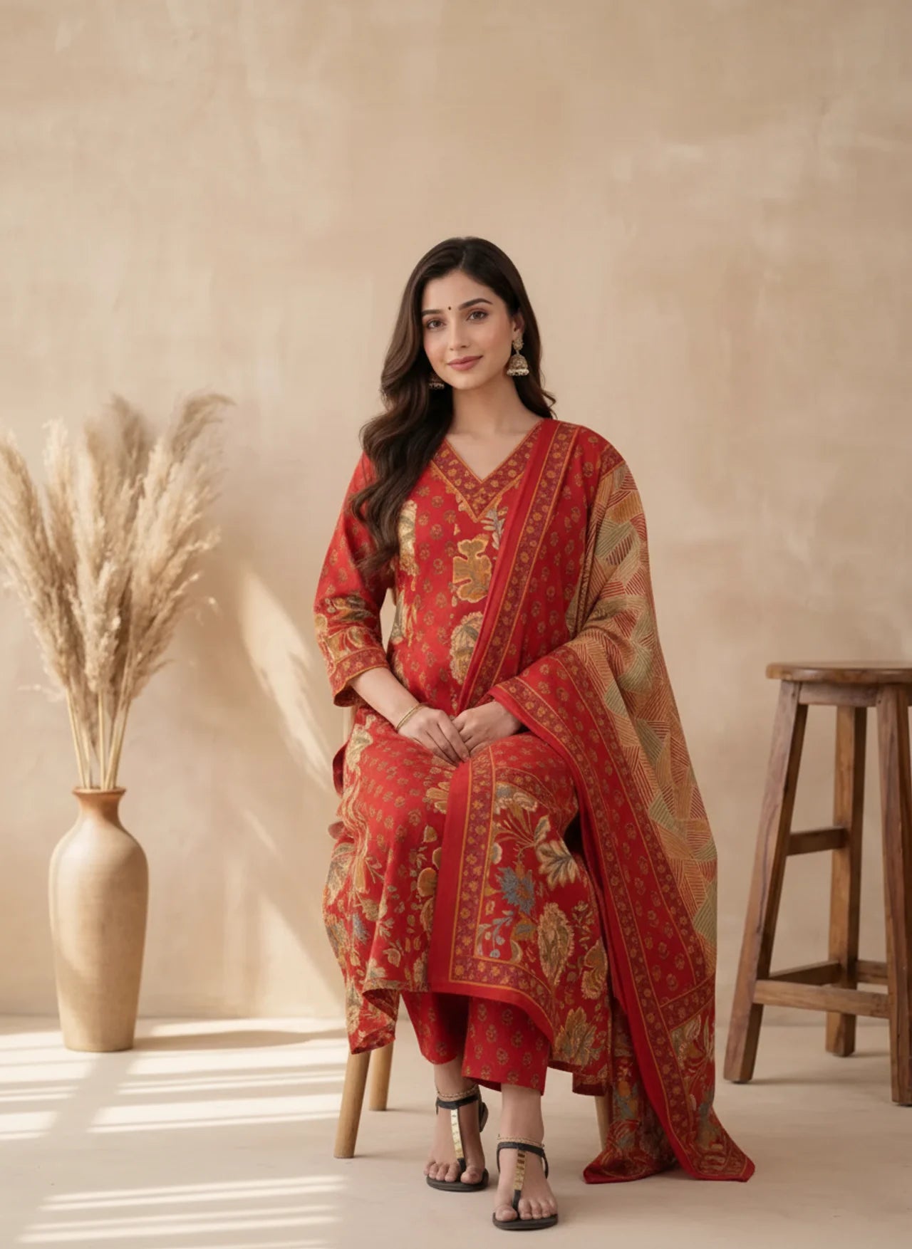 Red Cotton Kurta Pant Suit Set with Ajrakh Print