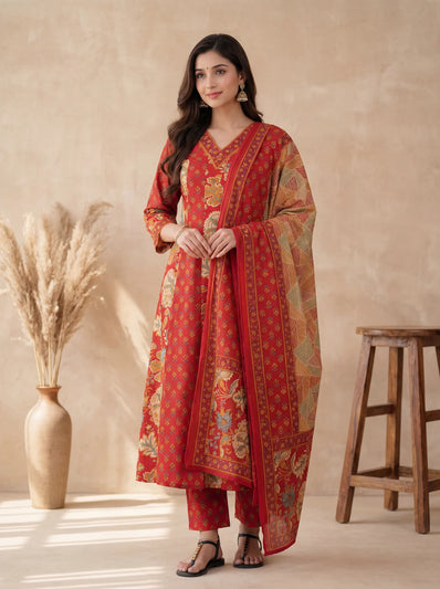 Red Cotton Kurta Pant Suit Set with Ajrakh Print
