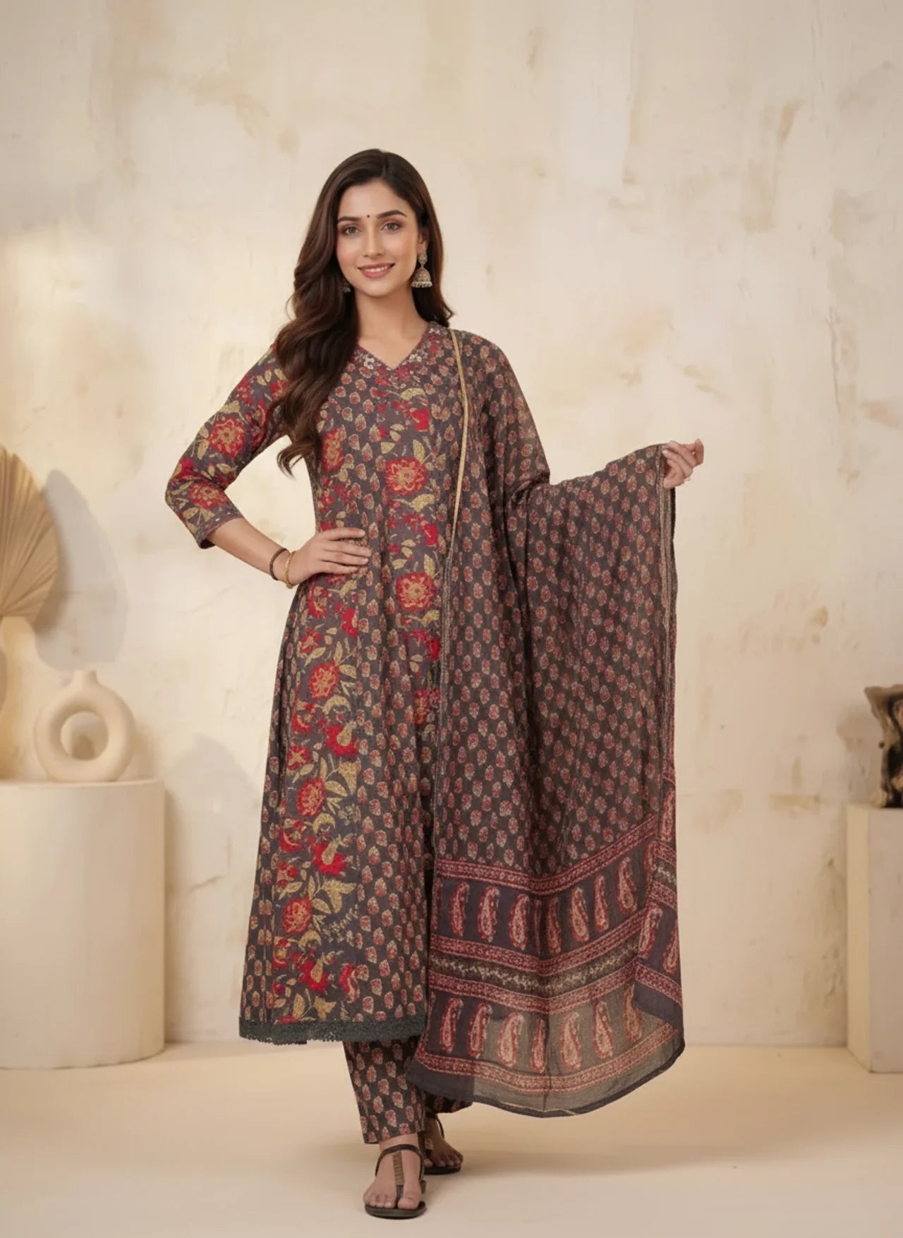 Grey & Red Cotton Anarkali Kurta Suit Set featuring Geometric and Floral Patterns