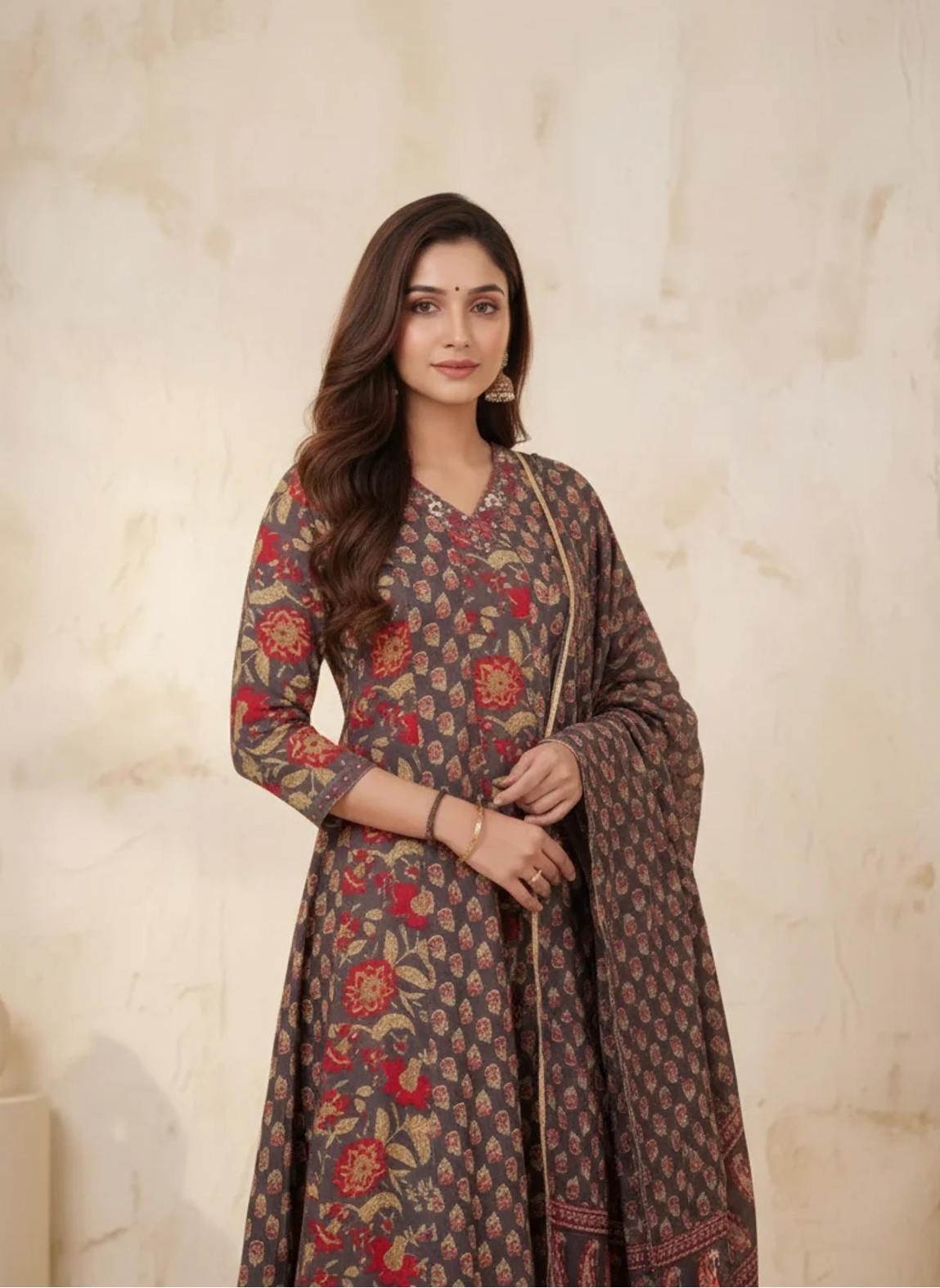 Grey & Red Cotton Anarkali Kurta Suit Set featuring Geometric and Floral Patterns