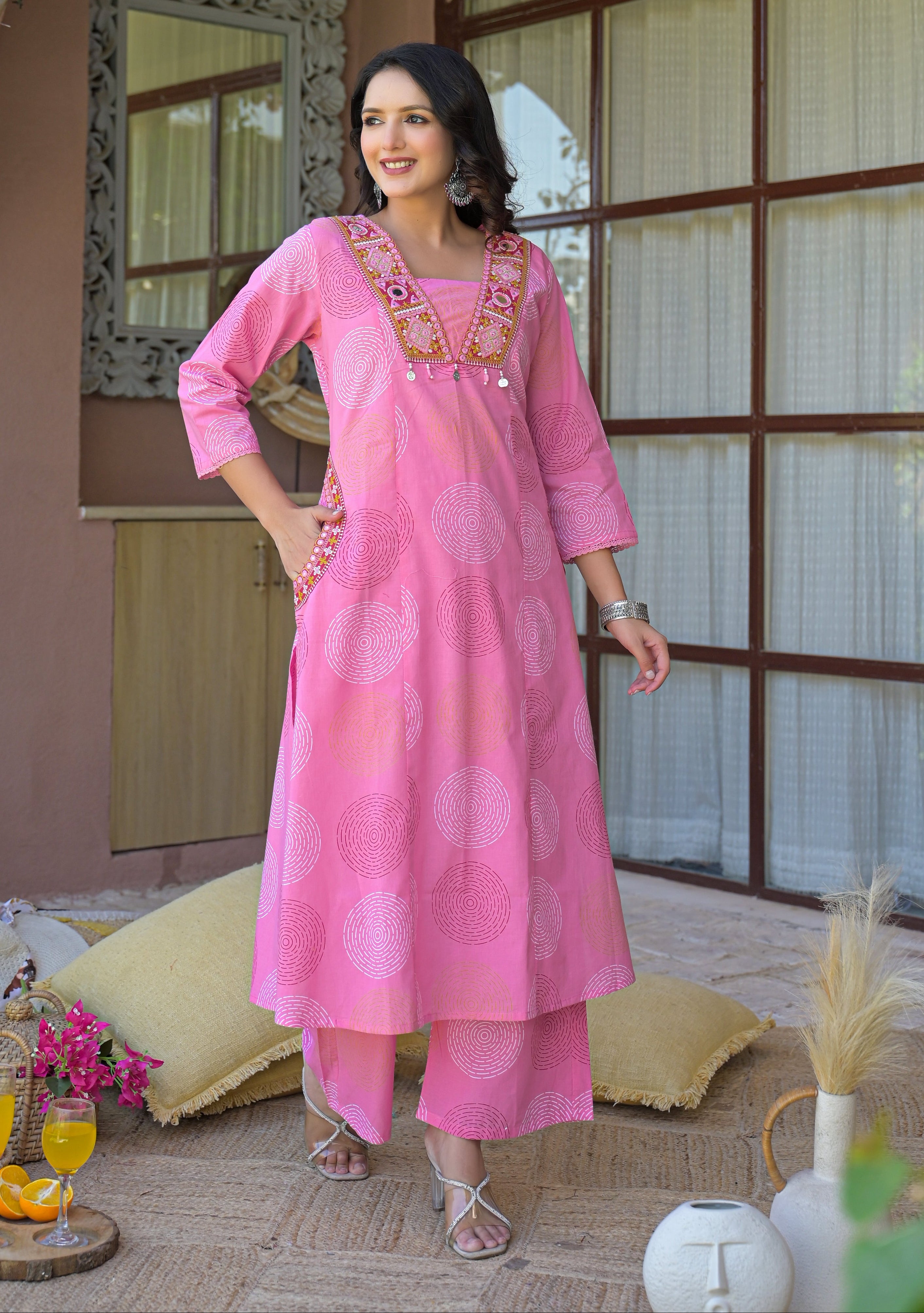 Pink A-Line Kurta Set with Embroidered Mirror Work Neckline & Embroidered Pockets