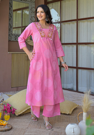 Pink A-Line Kurta Set with Embroidered Mirror Work Neckline & Embroidered Pockets