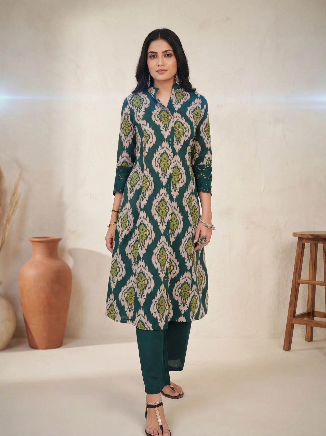 Green Cotton Ikat Print Kurta Pant Set with Mirror Work Detailing