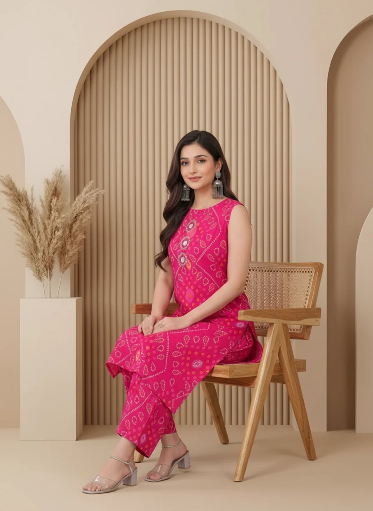 Pink Cotton Bandhani  Sleeveless Kurta Suit Set with Extra Sleeves