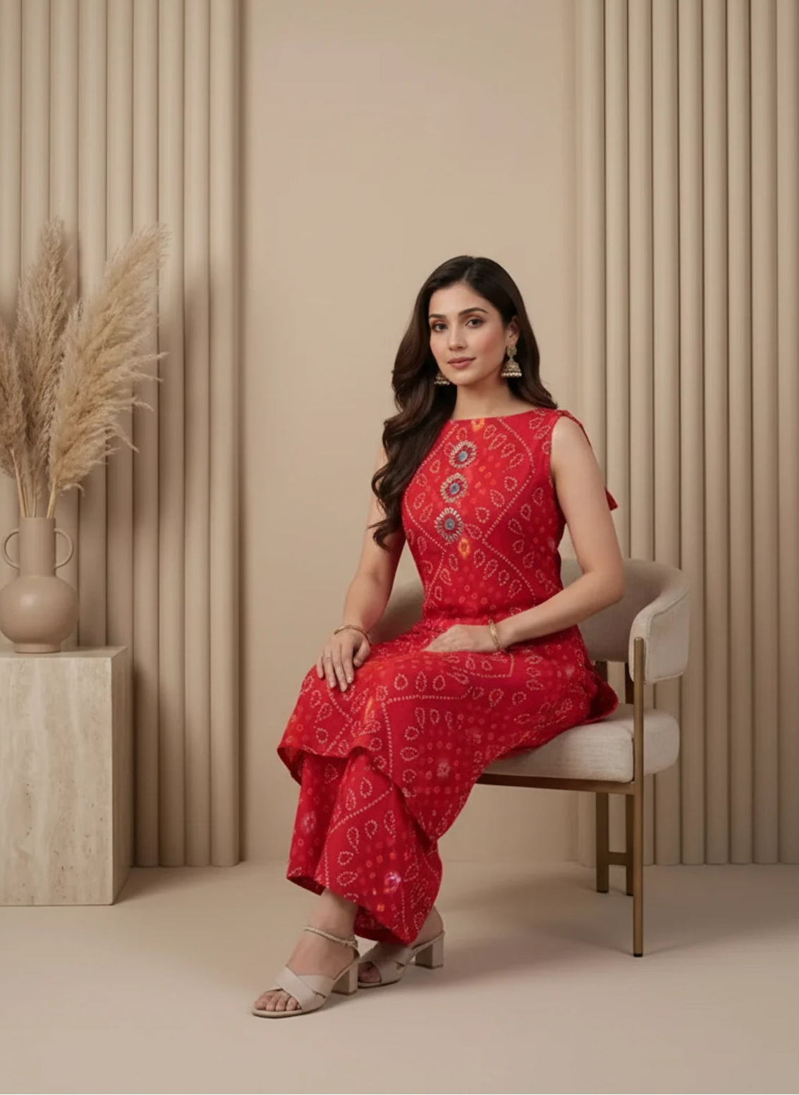 Red Cotton Bandhani Printed Sleeveless Kurta Suit Set with Extra Sleeves