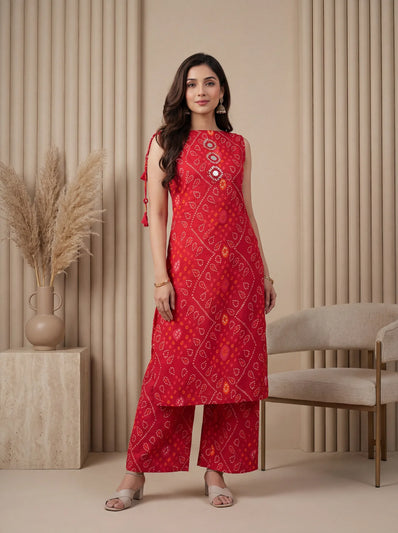 Red Cotton Bandhani Printed Sleeveless Kurta Suit Set with Extra Sleeves