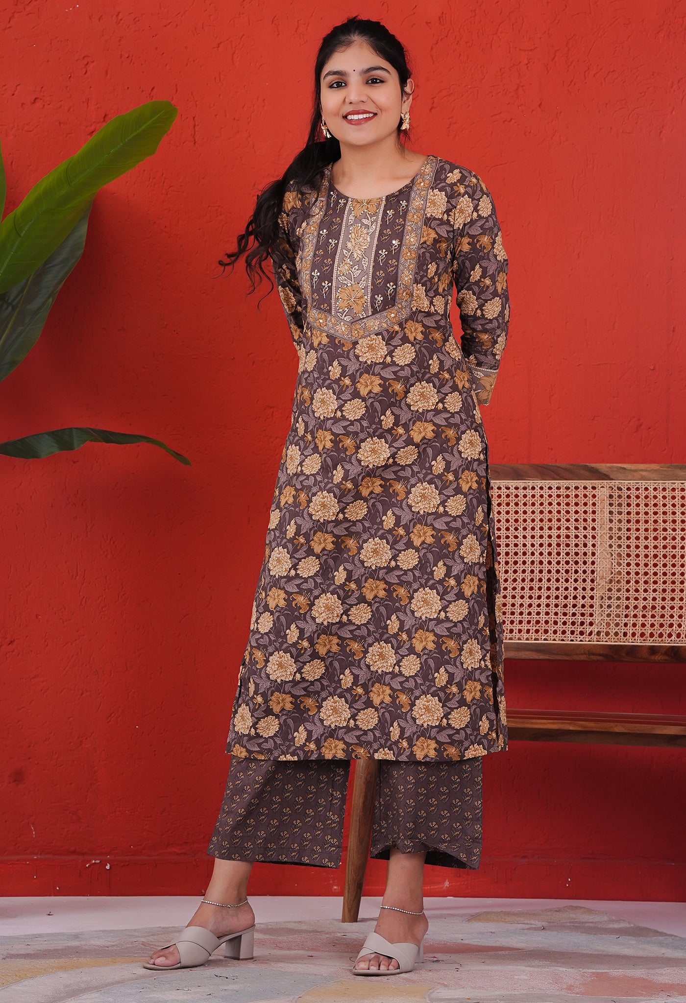 Brown and Yellow Cotton Straight Kurta Set with Floral Print