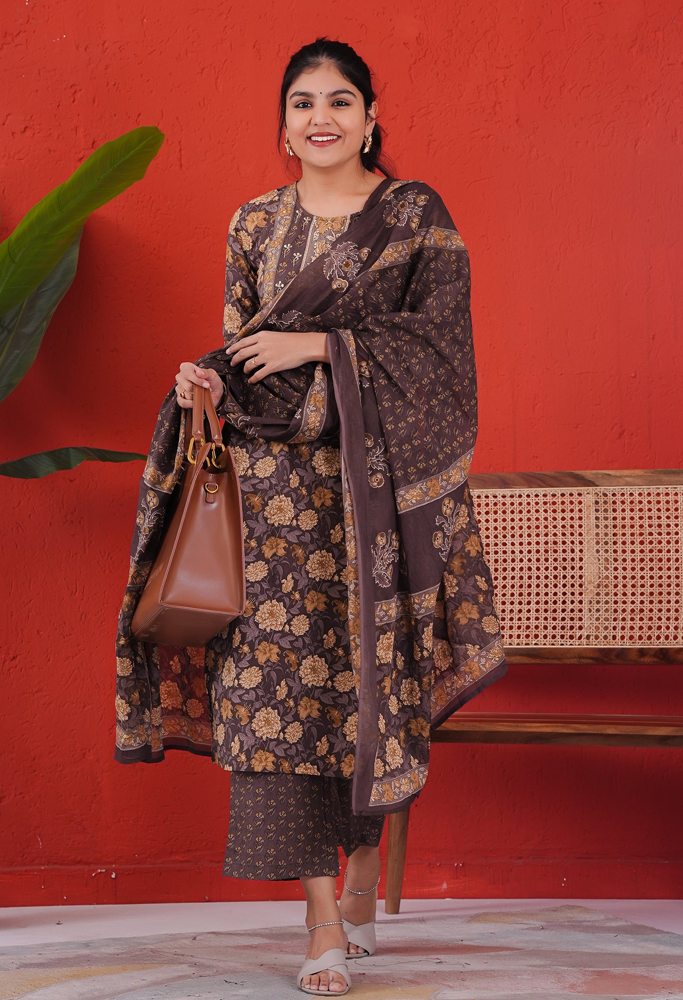 Brown and Yellow Cotton Straight Kurta Set with Floral Print