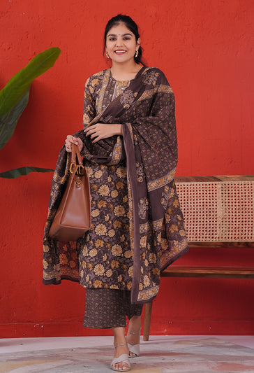 Brown and Yellow Cotton Straight Kurta Set with Floral Print