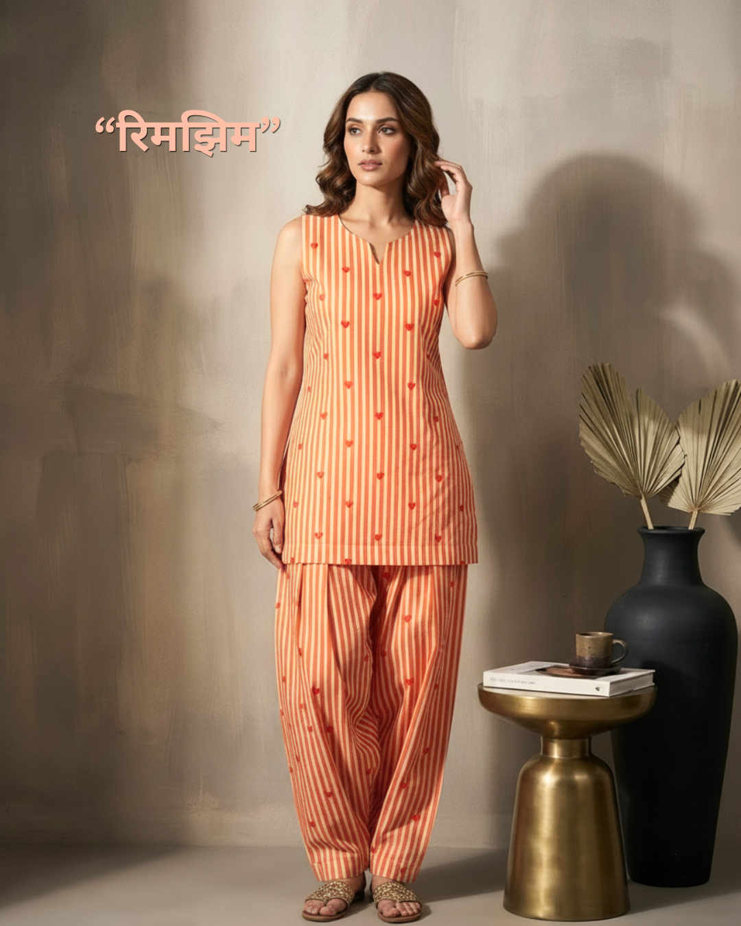 Rimjhim Striped Sleeveless Pure Cotton Handblock Print Farshi Suit Set