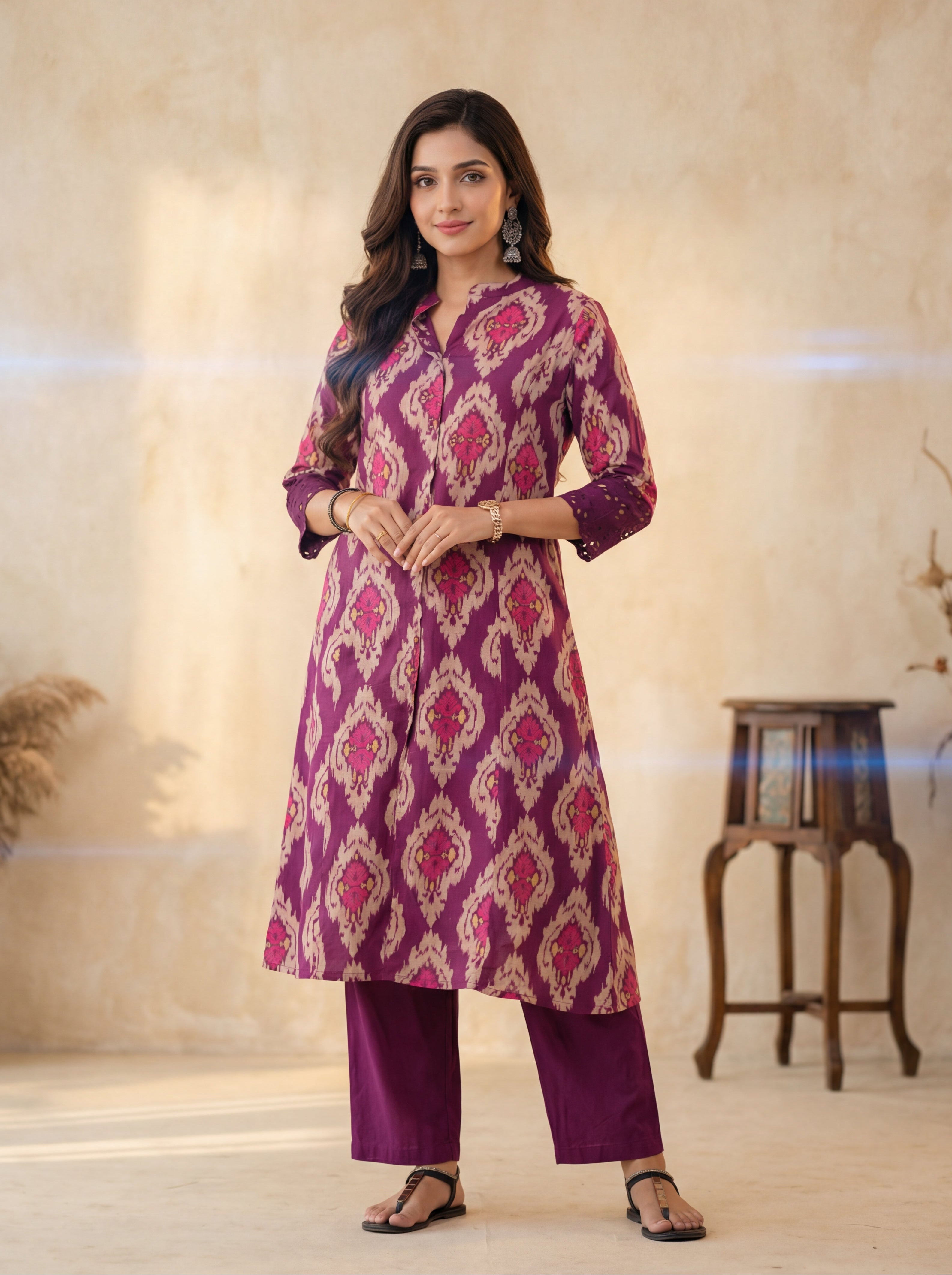 Purple Cotton Ikat Print Kurta Pant Set with Mirror Work Detailing