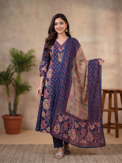 Blue Cotton Kurta Pant Suit Set with Ajrakh Print