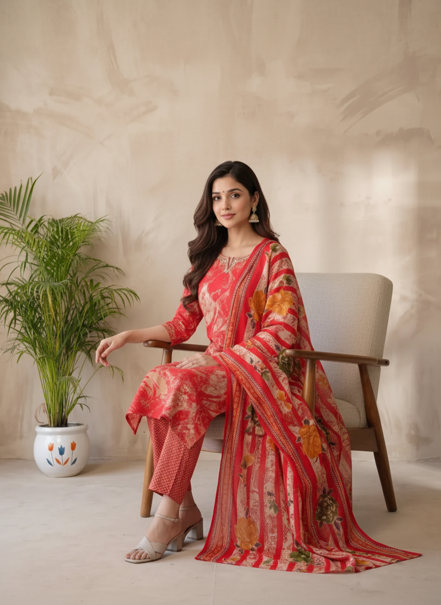 Red Modal Suit Set with Mirror Work on Neckline