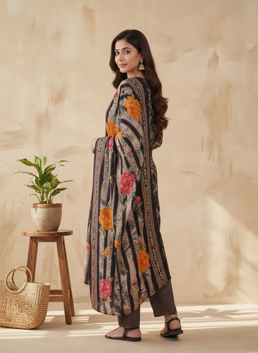 Black Modal Suit Set with Mirror Work on Neckline