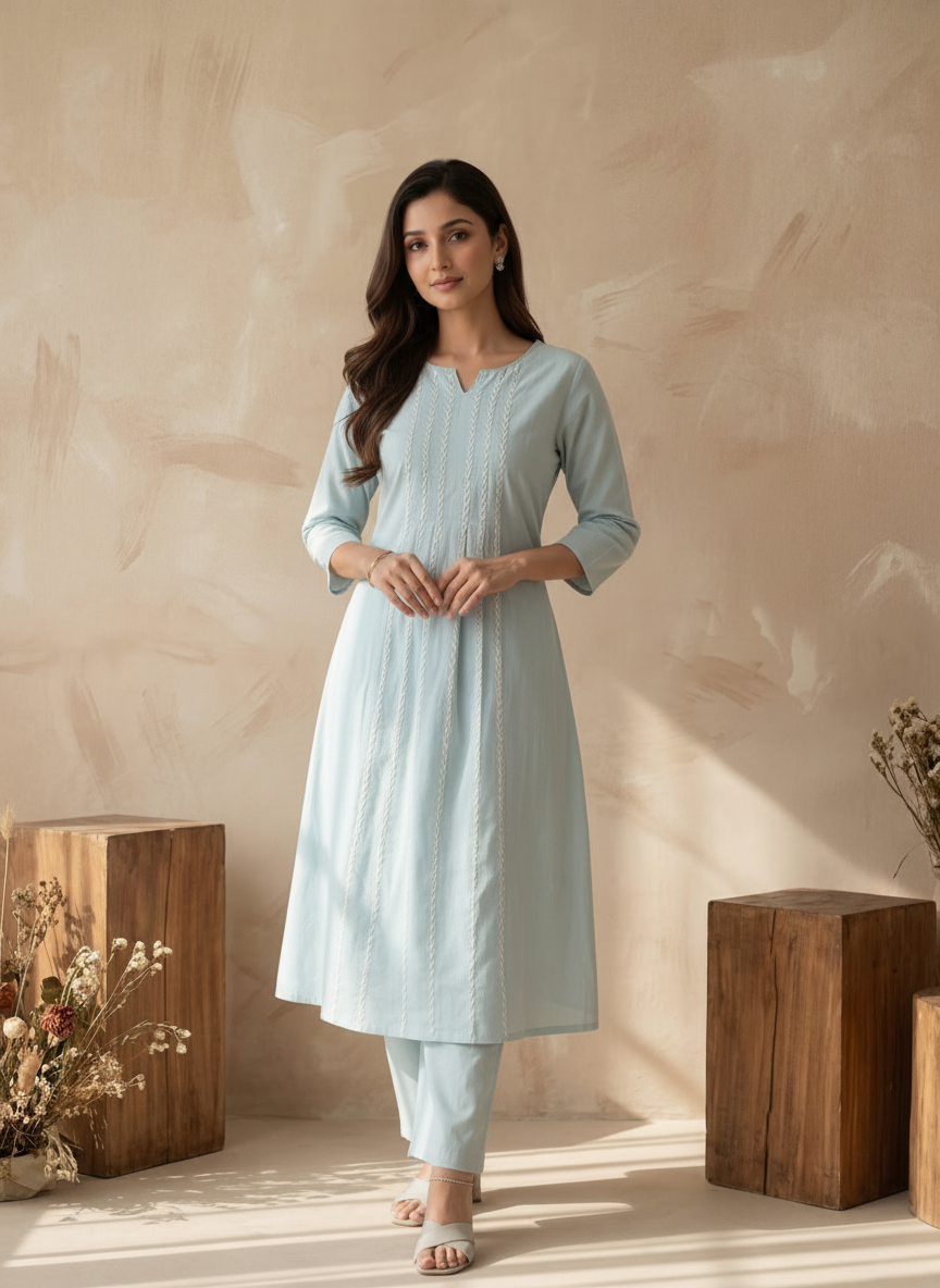 Light Blue Handloom Cotton A-Line Kurta Set with Pleated Top & Handwork Details