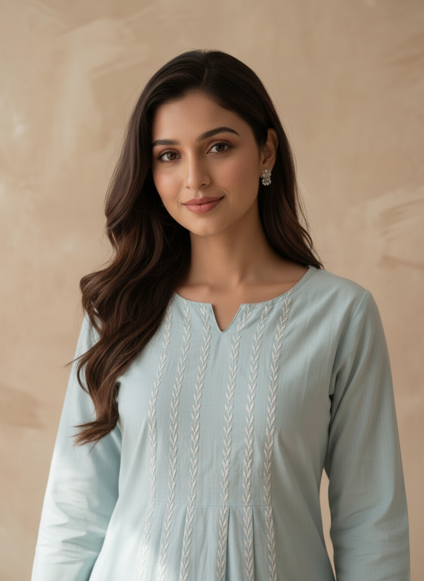 Light Blue Handloom Cotton A-Line Kurta Set with Pleated Top & Handwork Details