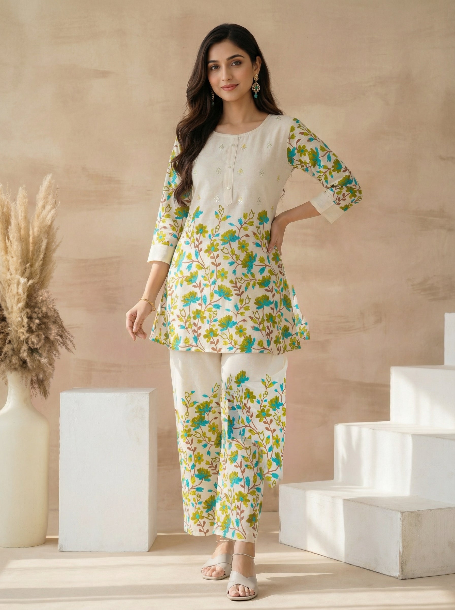 Cream Cotton Flex Co-ord Set with Floral Motifs & Mirror Work