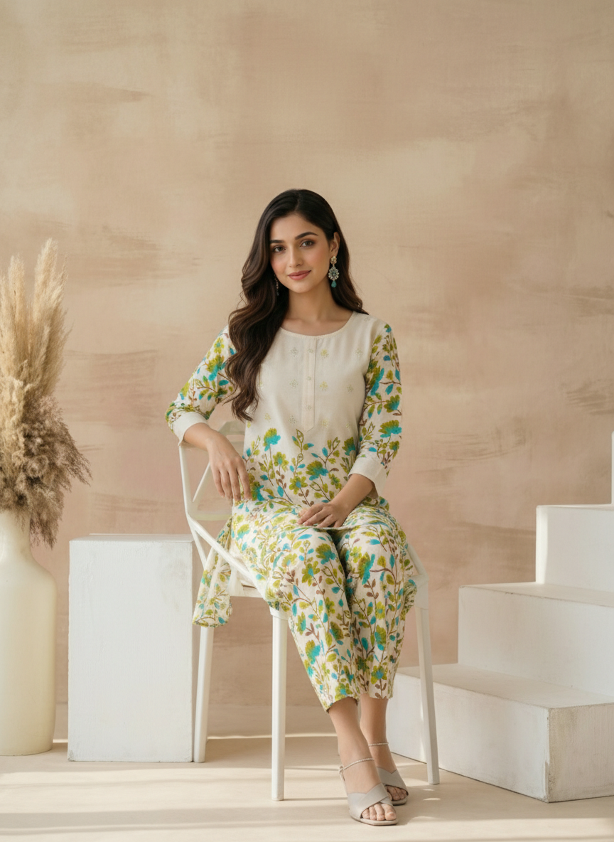 Cream Cotton Flex Co-ord Set with Floral Motifs & Mirror Work