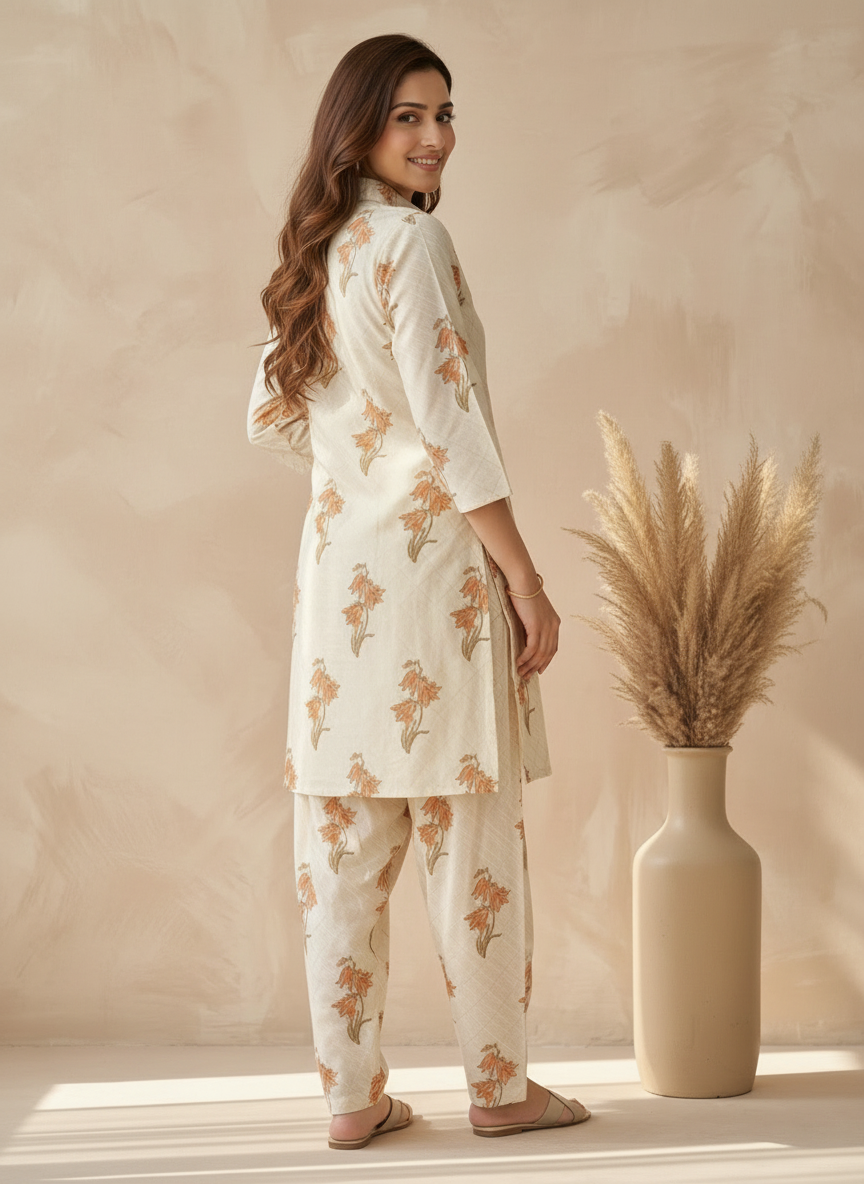 Cream Muslin Kurta Set with Tulip Pants