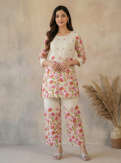 Off White Cotton Flex Co-ord Set with Floral Motifs & Mirror Work