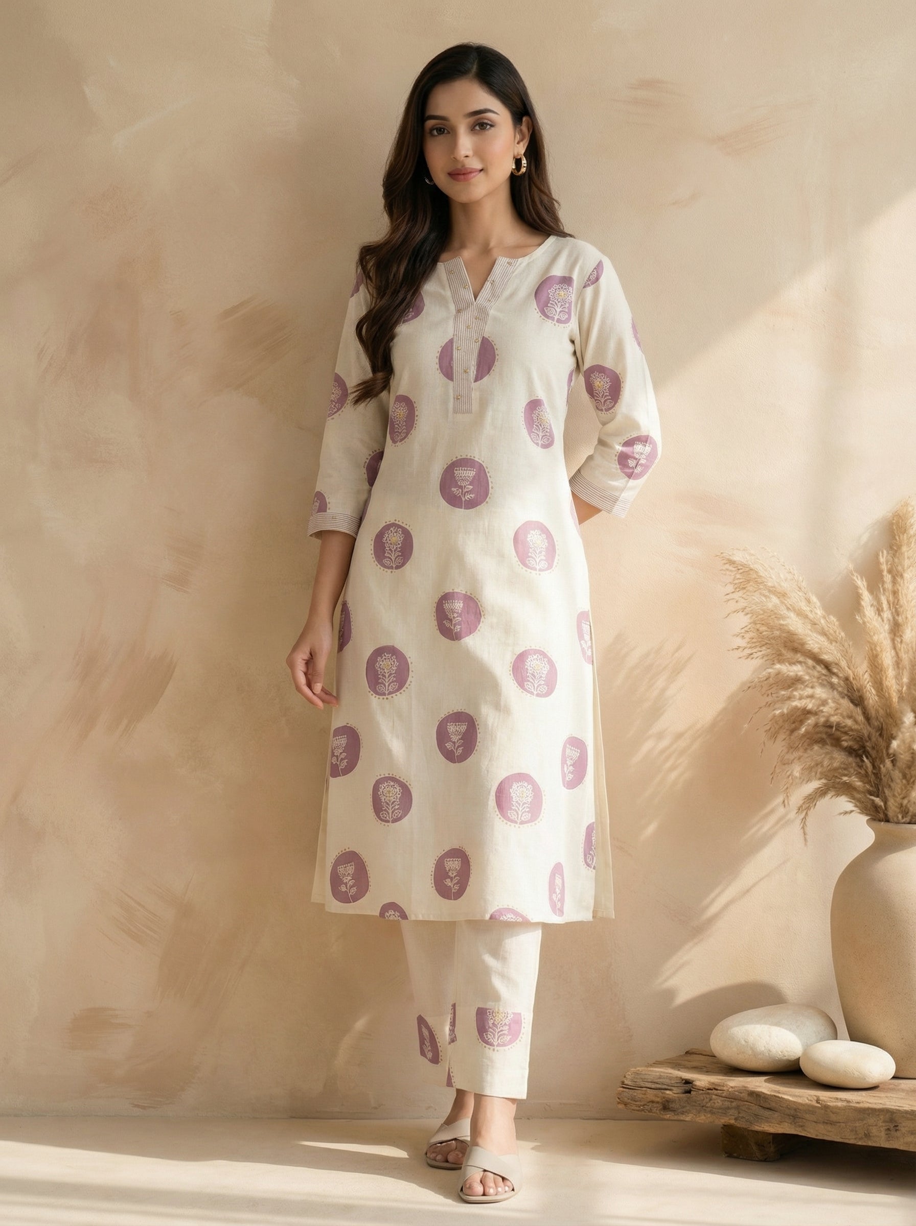 Mauve & Cream Cotton Flex Kurta Palazzo Set
