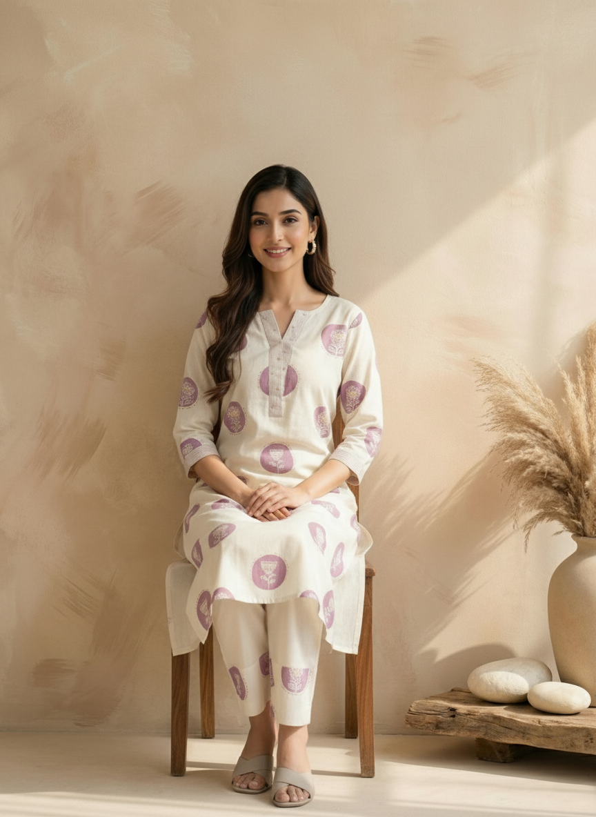 Mauve & Cream Cotton Flex Kurta Palazzo Set